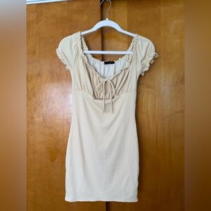 Cream Ribbed Mini Dress - Tied Front